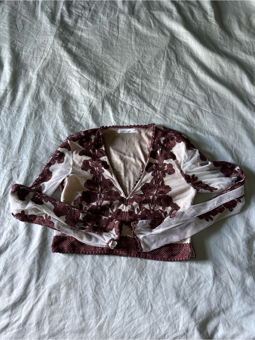 Altar'd State Sheer Floral Appliqué Crop Top in Burgundy and Ivory